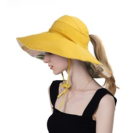 Koreshion - Sombrero de pesca reversible para mujer, con lazo plegable, para verano, UPF 50+, gorra de playa de ala ancha, Amarillo, One Size