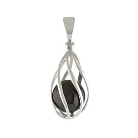 Starborn Sterling Silver Teardrop Style Gemstone Ball Cage Pendant, Gemstone Sterling Silver, Shungite