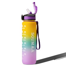 SOUMAA 32 oz Motivational Water Bottle with Time Marker, Tritan BPA-Free Reusable Bottle, Spill-Proof with Straw Lid & Carrying Loop, Leakproof Plastic Water Bottle for Office, Gym, Workouts