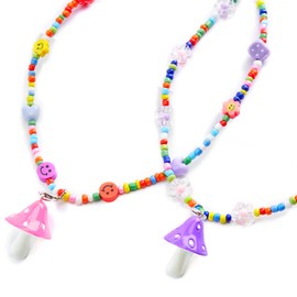 CHABAEBAE 2pc Beaded Choker Necklaces, Smiley Face & Mushroom Pendant Necklaces | Beaded Necklaces for Women & Girls