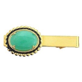 2 INCH 18x13 OVAL DYED GREEN JADE GEMSTONE CABOCHON GOLD COLOR TIE CLIP BAR
