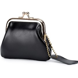 Plinvo Retro Leather Wallet Mini Coin Purse Vintage for Men and Women Genuine Leather Change Bag with Kiss Lock Black (Black)