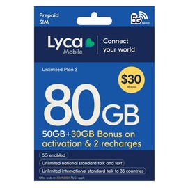 Lyca Mobile Unlimited Plan S Prepaid SIM 80GB $30 for $9