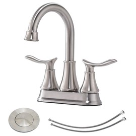 KINGO HOME Modern Brushed Nickel 2-Handle Bathroom Faucet, 4 inch Centerset RV Bathroom Sink Faucet Lavatory Bath Sink Vanity Faucet with Water Supply Lines and Pop Up Drain
