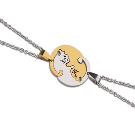 VISTYL Couple Necklace with Cat Gold White Pendant Friendship Chain Necklace with Puzzle Pendant for Men Women, Stainless Steel