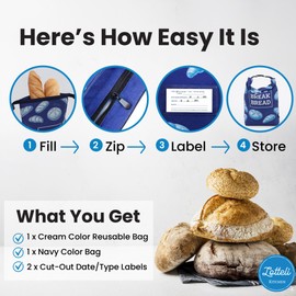 LOTTELI Reusable Bread Bags for Homemade Loaves – 2 Pack Cloth Sourdough Bread Bags - Freezer Storage with Zipper, Buckle & Date-Label Pocket - Eco-Friendly & Washable