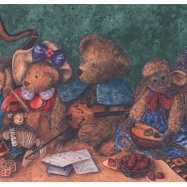 Vintage Dressed Teddy Bear Plush Toys Playing on the Floor Extra Wide Wallpaper Border for Kids, Roll 15' x 11.5''