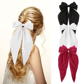 Hair Bows for Women, Big Bow Hair Clips for Girls, Silky Satin Hair Bows Clips Oversized Long Tail, Large Hair Barrettes for Women,Big Hair Bow,Metal Clips Hair Bow for Women Girls (Black & Red)
