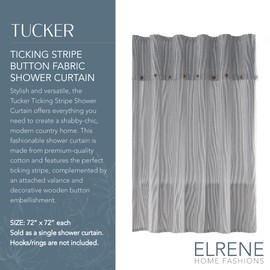 Elrene Home Fashions Tucker Ticking-Stripe Fabric Shower Curtain with Button Detail, (Black), (72X72)