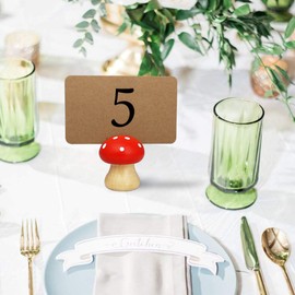 12 PCS Cute Wood Place Card Holders and 40Pcs Kraft Place Cards, MINI Mushroom Table Number Holders, Food Labels for Buffet, Name Card Photo Picture Holders for Harvest Fall Thanksgiving Wedding Party