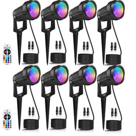 12W LED Landscape Lights Low Voltage, RGBW Color Changing 12V AC/DC Waterproof Outdoor Spotlights with Remote Control, IP65 Garden Pathway Lights with 8 Spike Stands for Christmas Decorative(8 Pack)