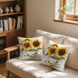 Puacino Sunflower Throw Pillow Covers Set of 2, 18x18 Inch Floral Teacup Design, Double-Sided Sunflower Print Cushion Cases for Farmhouse, Rustic, Cottage core, Home Decor