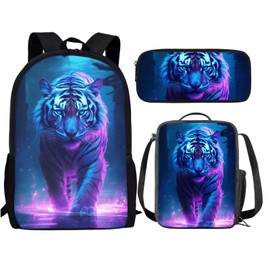 Cumagical Purple Tiger Lake Print Lightweight Backpack Bookbags Outdoor Travel Laptop Daypack 3 Pieces Set With Lunch Bag, Pencil Bag