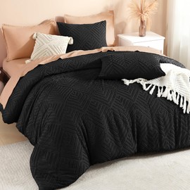 Litanika Black King Size Comforter Set, 3 Pieces Tufted Boho Farmhouse Bedding Comforter Sets, Lightweight Fluffy Comforter Bed Set for All Season (104x90In Comforter and 2 Pillowcases)