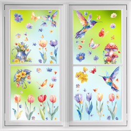DC-BEAUTIFUL 116 PCS Spring Window Clings, 9 Sheets Double-Sided Hummingbird Butterfly Flower Easter Window Stickers, Reusable Static Floral Window Decals for Home School Office Party Decors