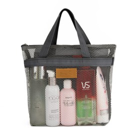 TOPASION Mesh Shower Caddy Bag Portable Hanging Toiletry and Bath Organizer with Zipper for Travel, Gym, Swimming, Camping, College Dorms, Beach (Grey)