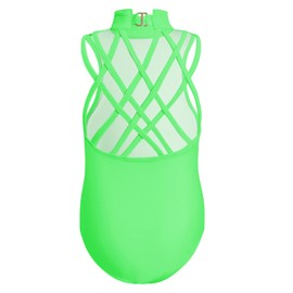 Phineein High Neck Gymnastics Leotard with G-hook Closure Sleeveless Criss-cross Backless Dance Leotard, Lime Green, 10-12Y