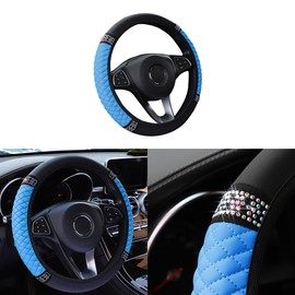 Couslcd Bling Car Steering Wheel Cover, 15 Inch Rhinestones Soft Leather Elastic Steering Wheel Protector, Sparkly Crystal Diamond for Women Girls, Car Interior Accessories for Most Cars (Blue)