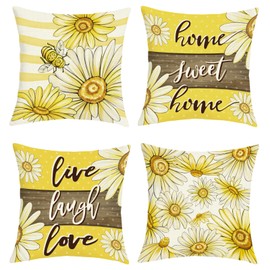 Joymaison Daisy Flower Spring Summer Cushion Covers 45 x 45 Pack of 4 Yellow Sunflowers Home Sweet Home Square Throw Pillow Case Decorative Sofa Cushion with Invisible Zipper