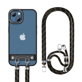 DOB SECHS with Strap Crossbody Adjustable Neck Lanyard Case, Designed for iPhone14 Case, Military-Grade Drop Protection, with Aluminum Alloy Button, Supports Wireless Charging, Anti-Yellowing (Black)