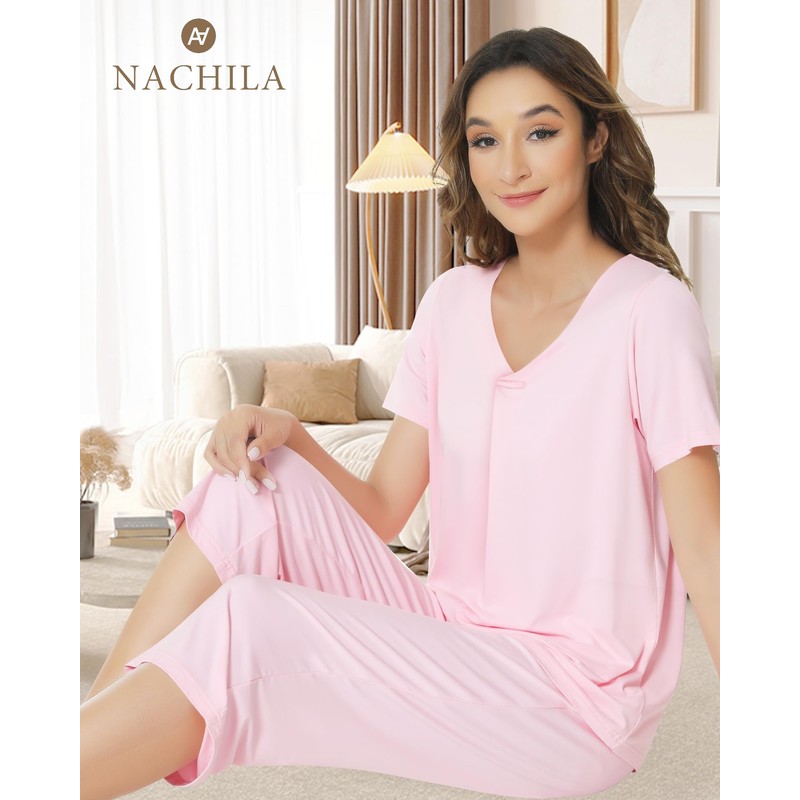 NACHILA Women's Pajamas Set-Viscose Made from Bamboo, Short Sleeve Pjs
