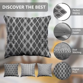 Bedbric Set of 4 Grey Cushion Covers 40 x 40 CM - Double Sided Cushion Cover with Invisible Zipper - Geometric Grey Cushions for Sofa Bedroom, Living Room and Home Decor