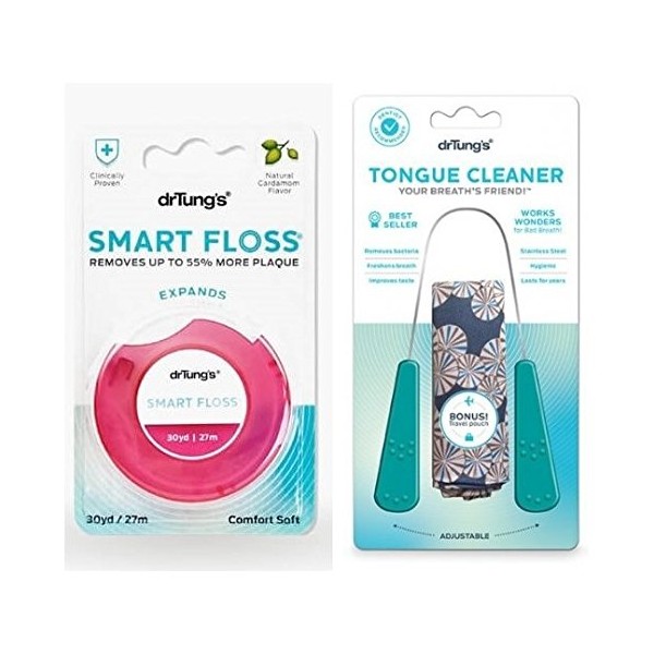 Dr. Tung's Smart Floss and Tongue Cleaner Bundle, Biodegradable, Revolutionary, Removes 55% More Plaque, Reaches Deep, Natural Cardamom Flavor, Lightly Waxed, Gluten-Free, PTFA-Free, BPA-Free