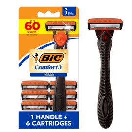 BIC Comfort 3 Refillable Three-Blade Razor for Men, Sensitive Skin Razor For a Comfortable Shave, 1 Handle and 6 Cartridges, 7 Piece Razor Set