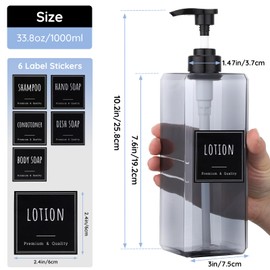 Segbeauty 33.8oz Empty Plastic Soap Dispenser with Labels, 3pcs Large Pump Bottles for Shampoo and Conditioner, 1000ml Gray Refillable Soap Dispenser Bathroom, Sqaure Lotion Pump Bottle Container