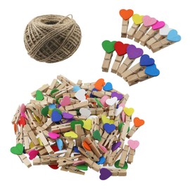 Nicerity 100Pcs Clothespins with String Wooden Mini Photo Clips with Colorful Heart for Crafts Display,Hanging Decorative Pictures,Weddings