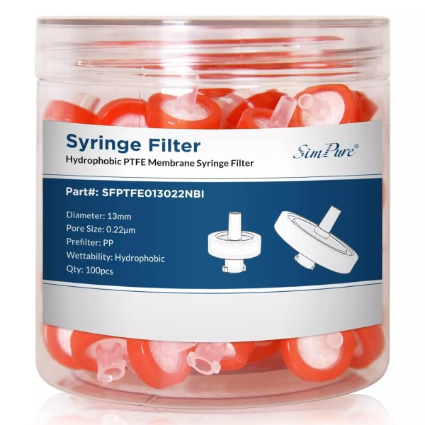 Simpure 500Pcs HPLC PTFE Syringe Filters 0.22μm 13mm Prefiler Hydrophobic
