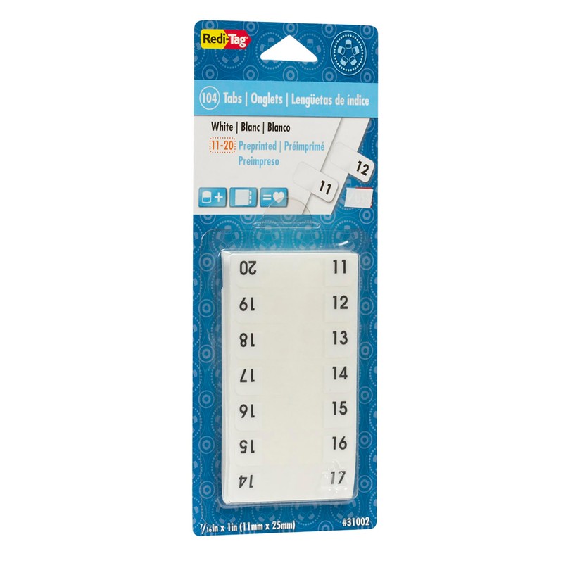 Redi-Tag Numbered Tabs, 11-20 Pre-Printed Divider Tabs, Permanent Adhesive Index