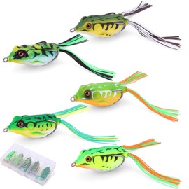 Suiggozee Weedless Bass Fishing Lures – Topwater Frog Lures for Weedy & Lily Areas with Lifelike Skin & 3D Eyes, Floating Frog Baits for Trout, Pike & Snakehead in Freshwater (A6,5-Pack Box)