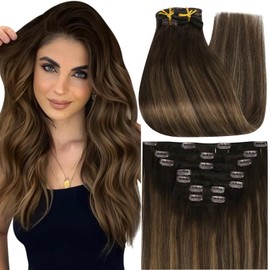 Full Shine Hair Extensions Clip in Hair Extensions Human Hair Dark Brown and Ash Brown Balayage Hair Extensions for Women Real Human Hair 16 Inch 7 Pcs 105G