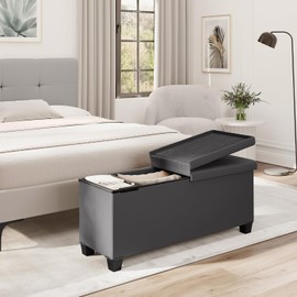 Storage Ottoman Benc, 43-In Storage Bench for Bedroom End of Bed, Ottoman Foot Rest with Storage Bins, Gray Ottoman with Storage for Living Room, Bench with Storage Max 660lbs, Faux Leather Ottoman