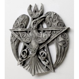 Large Crescent Raven Pentacle Plaque - Wiccan Pagan Stone Finish Dryad Design