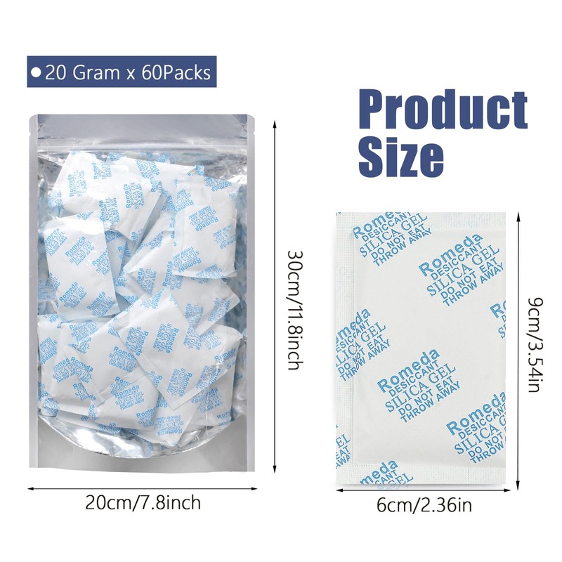 Romeda 60 Pcs 20 Gram Silica Gel Packs, Transparent Desiccant,