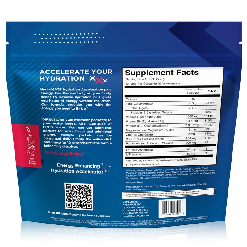 HydroMATE Electrolytes Powder Drink Mix Packets Hydration Accelerator Low Sugar
