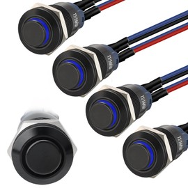 STARELO 5pcs 12mm Momentary led Push Button Switch Black Shell with pre-Wiring, IP65 Waterproof Push Button Switch,1NO 1 Normally,Self-resetting with LED(Blue).