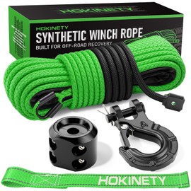HOKINETY Synthetic Winch Rope Kit - 1/4" x 50' 10000 lbs Kinetic Recovery Cable for ATV UTV Off-Road Vehicles with Forged Hook, Rubber Stopper, Protective Sleeve and Safety Pull Strap - Green