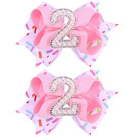 2PCS Hair Bows for Baby Girls Birthday - 2nd Birthday Hair Bow Sweet Theme with Ice Cream Party, Pink Hair Accessories for Baby Toddler 1 2 3 4 5 6 Years, Outfit & Decorations
