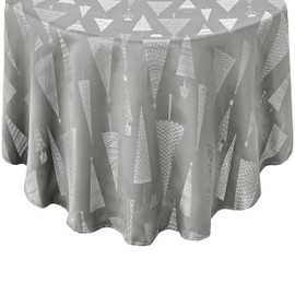 Newbridge Navy Blue and Silver Fancy Metallic Christmas Trees Fabric Holiday Tablecloth, Xmas Tree Contemporary Soil Resistant Easy Care Tablecloth, 70” Round, Navy/Silver