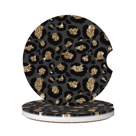 GACCAP Car Coasters for Cup Holders, 2 Pack Absorbent Ceramics Anti Slip Universal 2.56 Inch Car Cup Coaster for Women Men, Car Interior Accessories - Black Gold Leopard Cheetah Print
