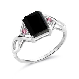 Gem Stone King 2.18 Ct Emerald Cut Black Onyx Pink Lab Grown Diamond 925 Sterling Silver Ring (Size 6)