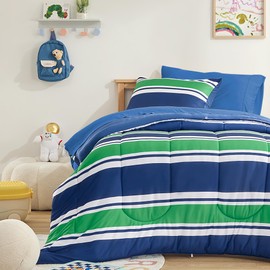 SLEEP ZONE Teens Boys Green Navy Stripe Kids Jersey Knit Comforter Set, Cute & Soft Bedding Set 2 Pieces with Comforter and Pillowcase, Washable, Easy Care (Rugby Stripe Navy/Green, Twin)
