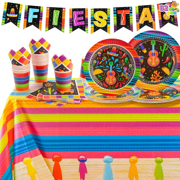 82 PCS Mexican Themed Fiesta Party Supplies Set Including Plates, Cups, Napkins, Tablecloth and Banner for Mexican-Themed School Dance, Cinco de Mayo, and Fiesta Themed Party