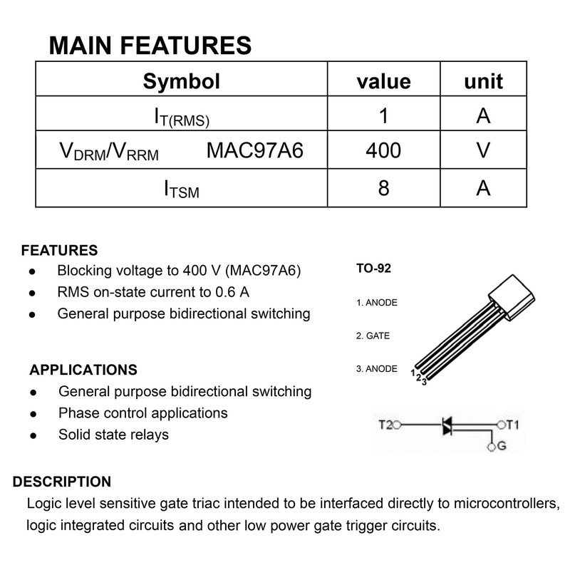 ALLECIN MAC97A6 Bidirectional Thyristor 1A 400V 97A6 Single Direction Silicon