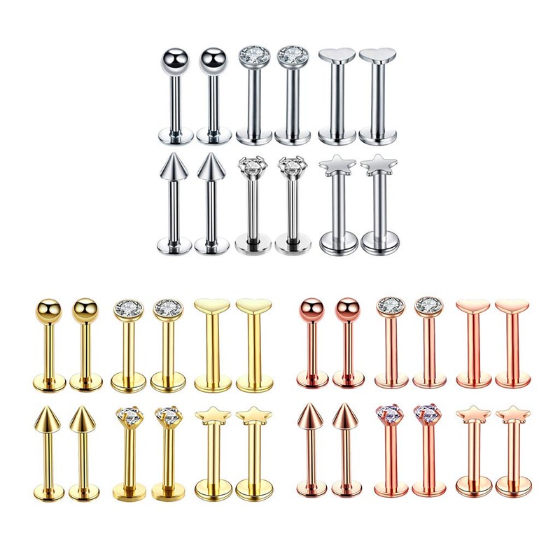Prettyia 12Pcs 16G Crystal CZ Anillo De Labio Labret Roscado