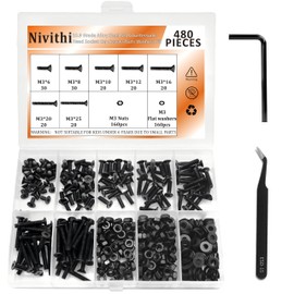 Nivithi 480pcs M3 Grade 10.9 Countersunk Hex Socket Screws,M3x6–25mm Black Carbon Steel m3 screws washers for bolts set,m3 countersunk security grub screws assorted for versatile use