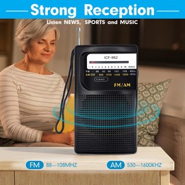 Small Portable Radio with Analog Headphone Tuner, Transistor Pocket Radio with Hand Strap, Simple and Easy to Use for Running, Walking and Travel(Black)